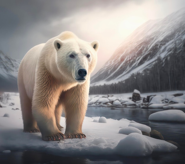 Polar bear on the ice block in the Arctic Circle Wildlife nature scene