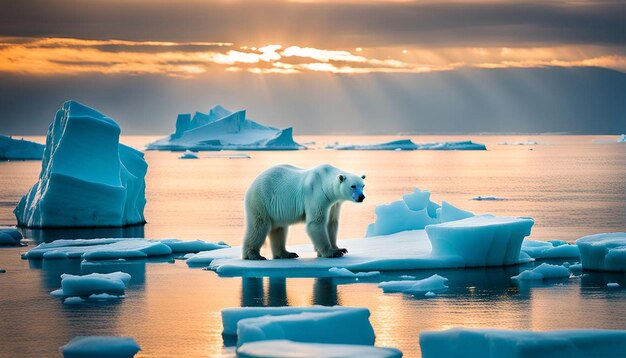 Photo polar bear on ice floe melting iceberg and global warming climate change