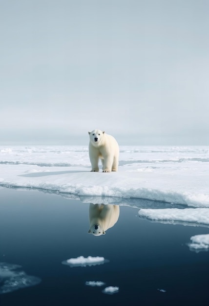 Photo a polar bear on ice with the reflection of it in the water