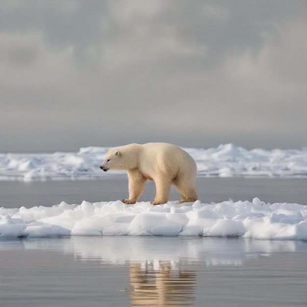 a polar bear on ice with a reflection of a sky in the background