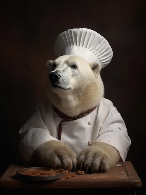 A polar bear is dressed up as a chef