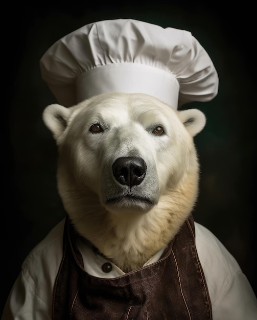 A polar bear is dressed up as a chef