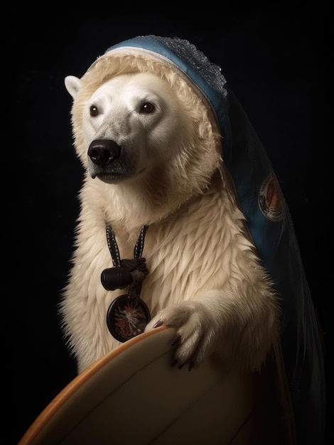 A polar bear is holding a surfboard