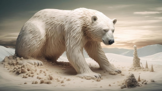 A polar bear is on a sand dune