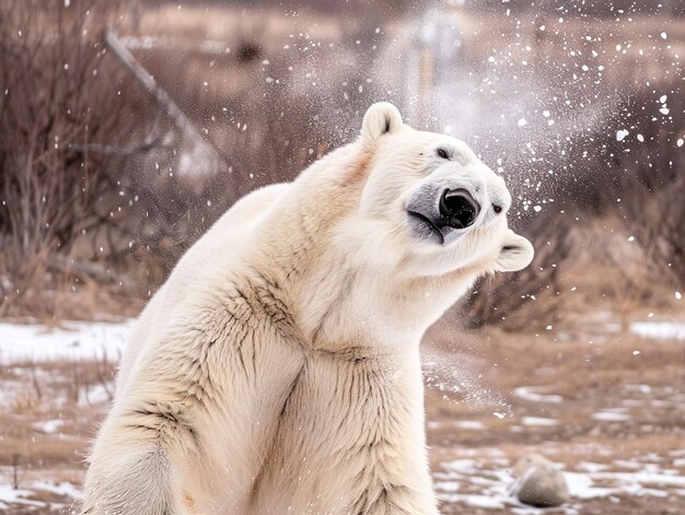 a polar bear is shaking water off its head