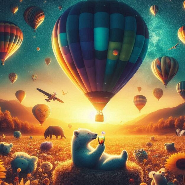 a polar bear is sitting in a field of hot air balloons