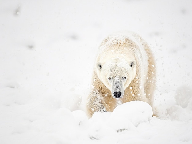 a polar bear is in the snow with his head down