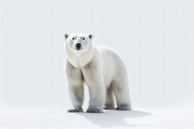 A polar bear is standing in front of a white background.