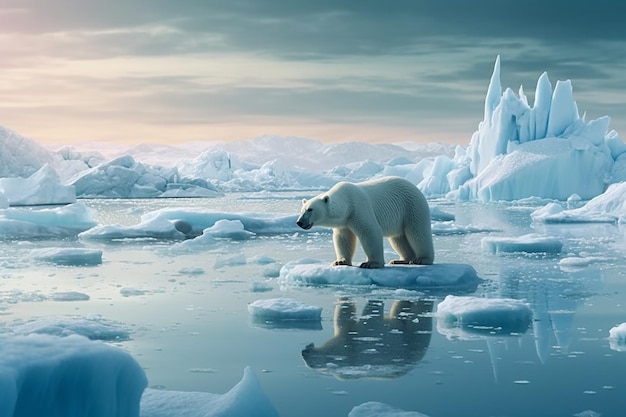 A polar bear is standing on an ice floe in the arctic.