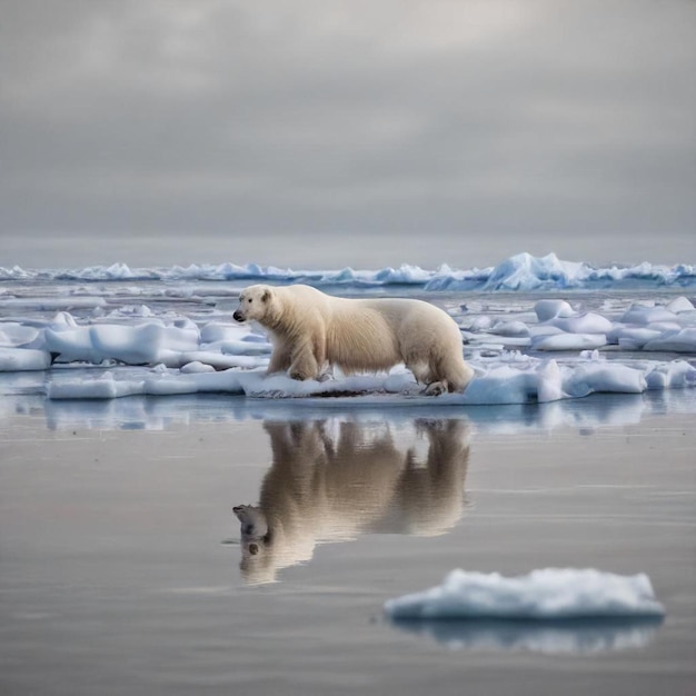 Photo a polar bear is standing on ice with a reflection of a polar bear in the water