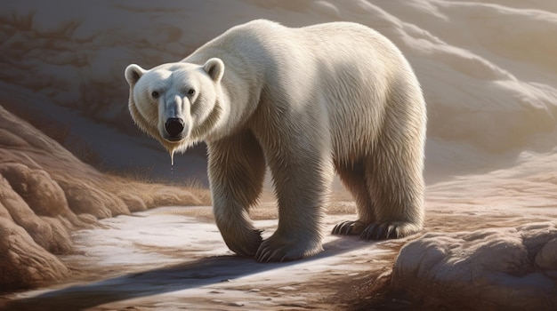 A polar bear is standing on a rocky surface.