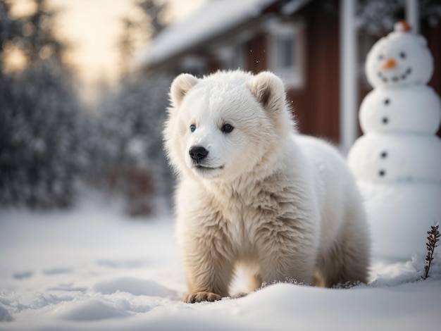 a polar bear is standing in the snow with a snowman behind him