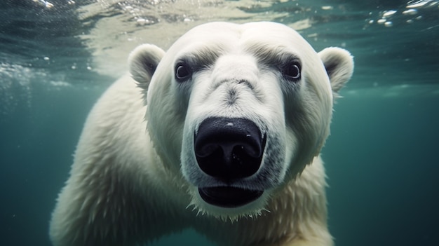 A polar bear is swimming under blue water towards the viewer