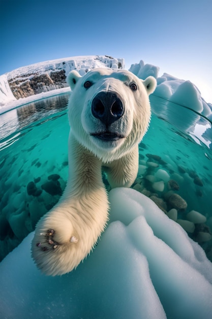 A polar bear is swimming in the water and is looking at the camera.