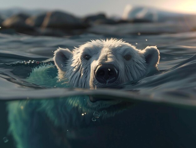 Photo a polar bear is swimming in the water