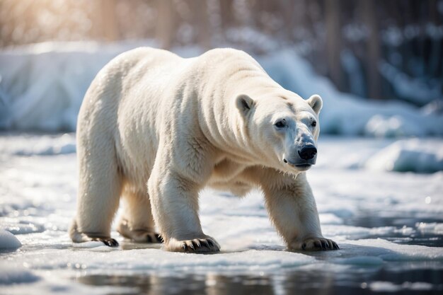 a polar bear is walking through the ice in the snow ai generative