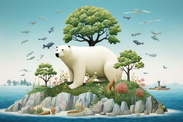 Polar bear on the island in the sea 3d rendering stranded polar bear stranded on a barren island AI Generated