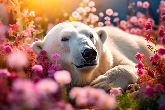 A polar bear lies among blooming flowers Climate change Global warming