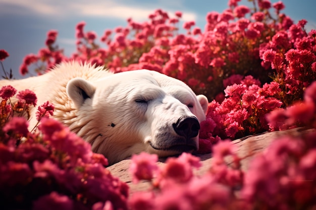 A polar bear lies among blooming flowers Climate change Global warming