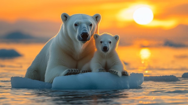 Photo polar bear mother and cub on ice at sunset generative ai