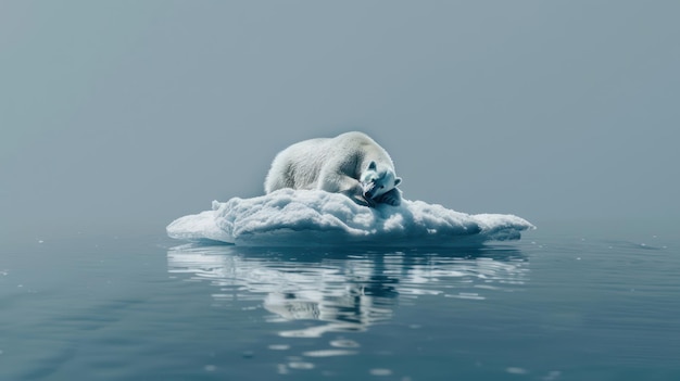 Photo a polar bear resting on a piece of ice surrounded by water