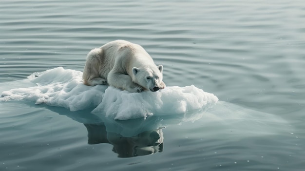 Photo a polar bear resting on a piece of ice surrounded by water