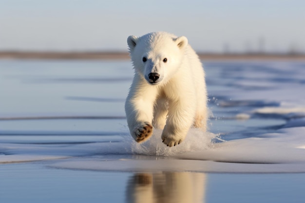 a polar bear running across a body of water