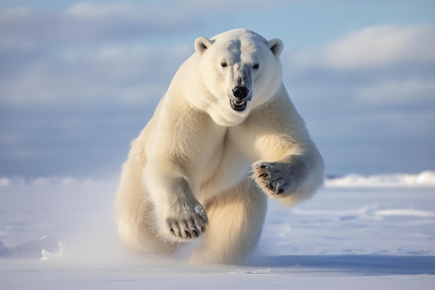 A polar bear running on ice with the sky in the background