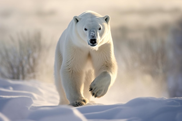 A polar bear runs through the snow.