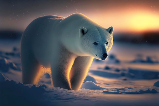 Polar bear in the snow at sunset AIGenerated