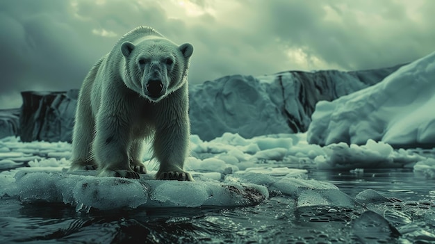 Polar bear standing on an ice floe surrounded by icy landscapes and snowcovered mountains