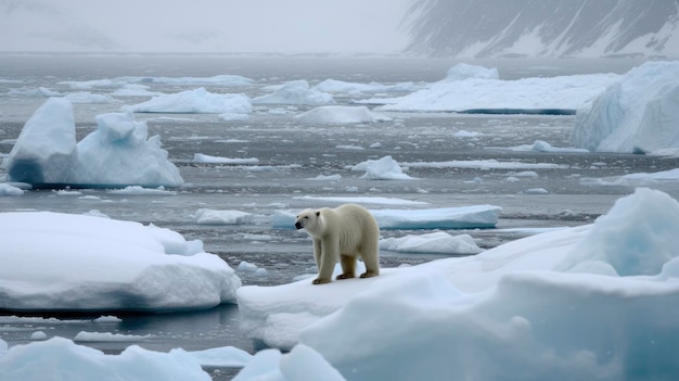 A polar bear stands on an ice floe in the arctic.