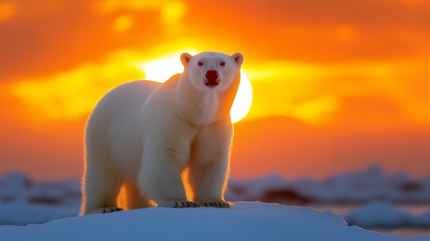 A polar bear stands on a snowcovered ice floe backlit by a vibrant orange sunset