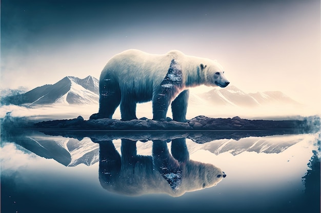 Polar bear suffer from climate change in double exposure