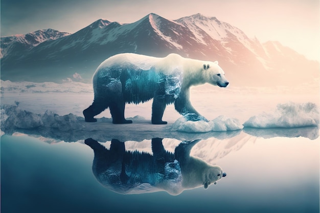 Polar bear suffer from climate change in double exposure