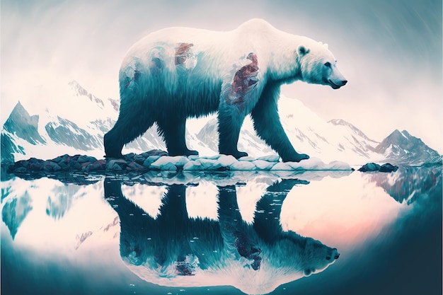 Polar bear suffer from climate change in double exposure