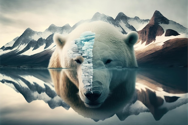 Polar bear suffer from climate change in double exposure