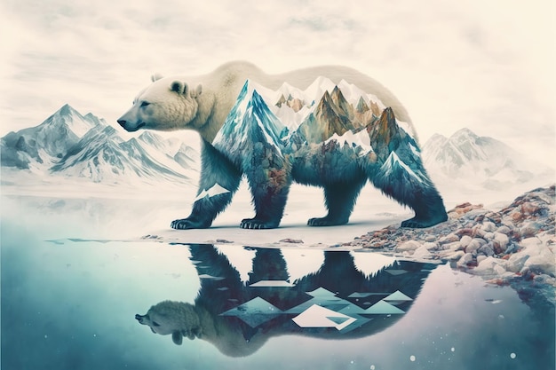 Polar bear suffer from climate change in double exposure