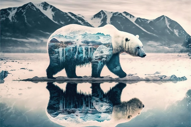 Polar bear suffer from climate change in double exposure