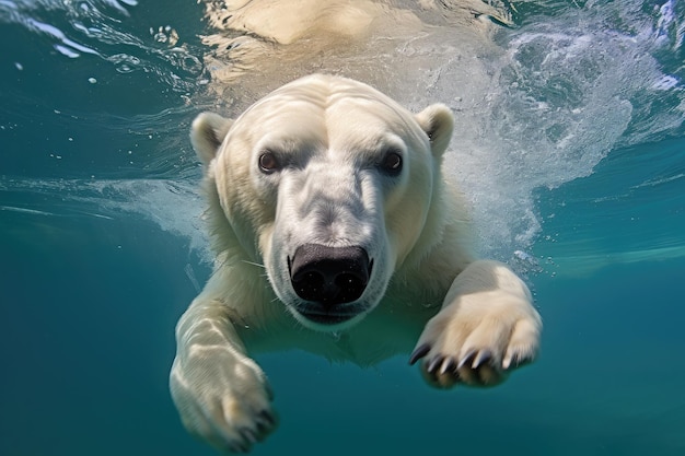 polar bear swimming in Arctic waters sleekness of its fur against the icy blue sea showcasing the bears adaptability to its marine environment