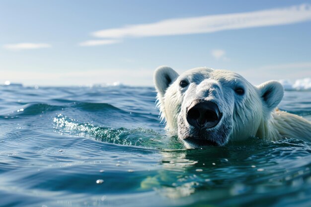 a polar bear swimming in the ice ocean