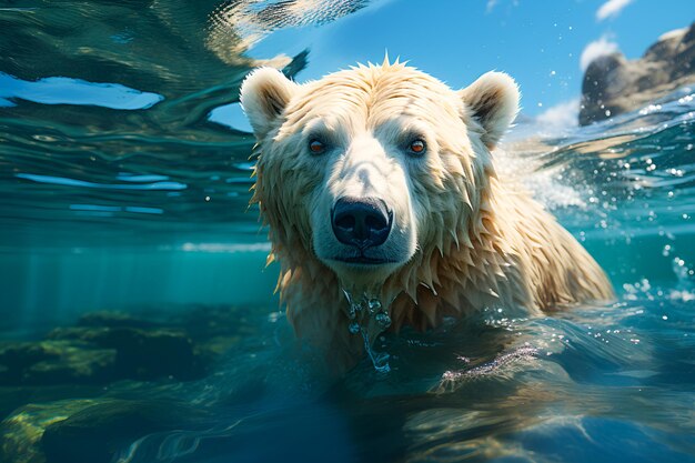 Photo a polar bear swimming in the icy waters