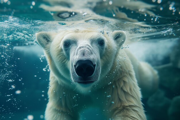 Polar bear swimming underwater looking at the camera closeup shot