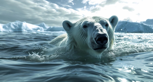 a polar bear swimming in the water