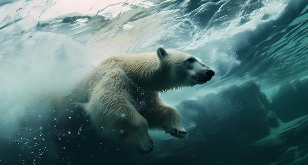 a polar bear swimming in the water