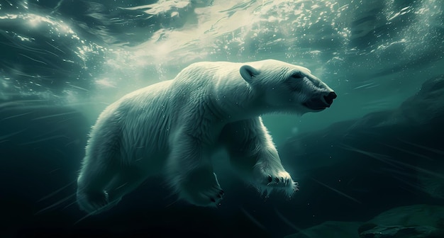 a polar bear swimming in the water