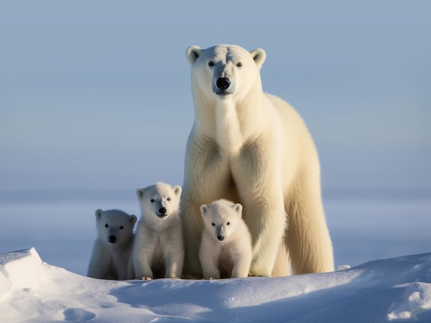 A polar bear and three small cubs are standing in the snow