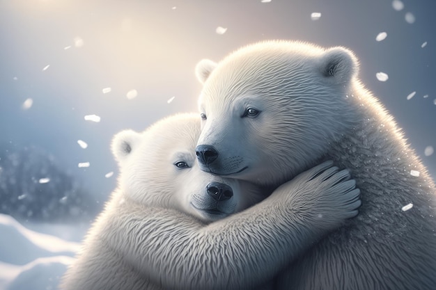 Polar Bear with Baby Cub in the Snow and Ice Banner for Text Social Media