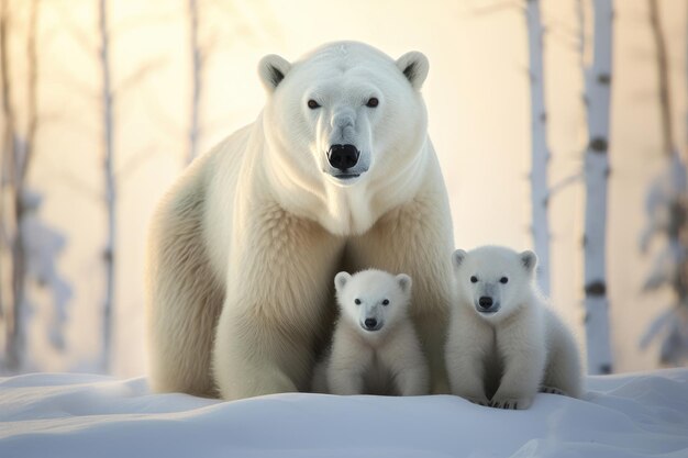 Polar bear with her cubs on a snowy background