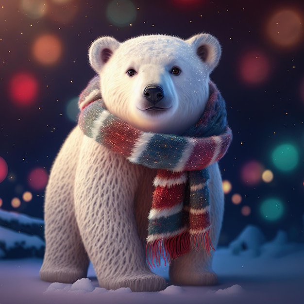 A polar bear with a scarf and a colorful light in the background.